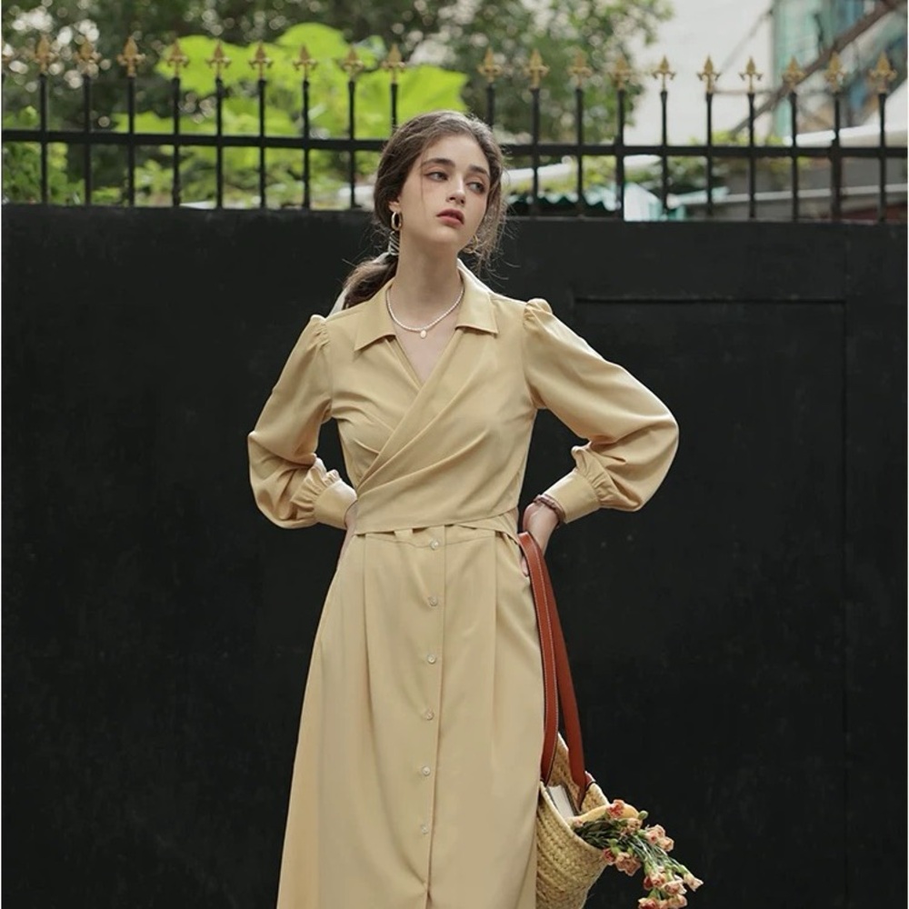 French Style Vintage Elegant Beige Wrap Dress
